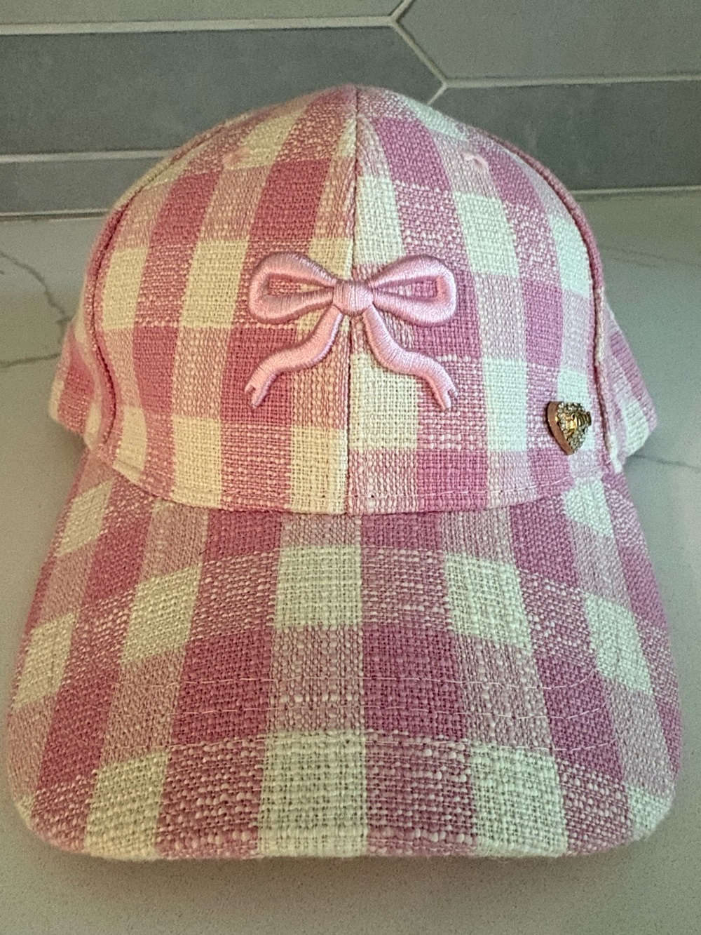 Juicy Couture Pink Gingham Bow Baseball Cap Hat Coquette Check Crystal Charm